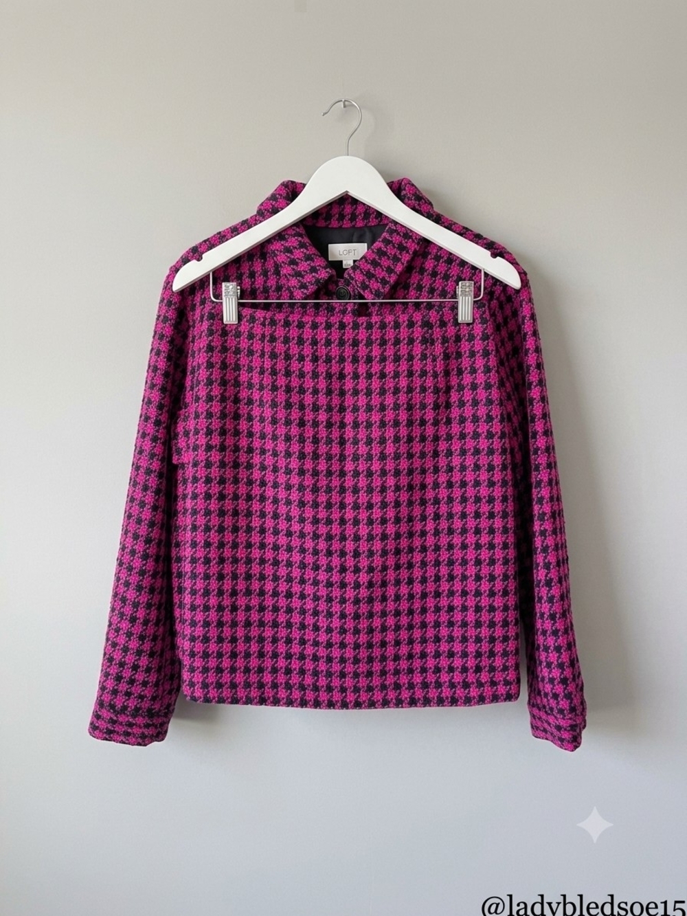 LOFT Pink and Black Houndstooth Button-Up Shirt Jacket